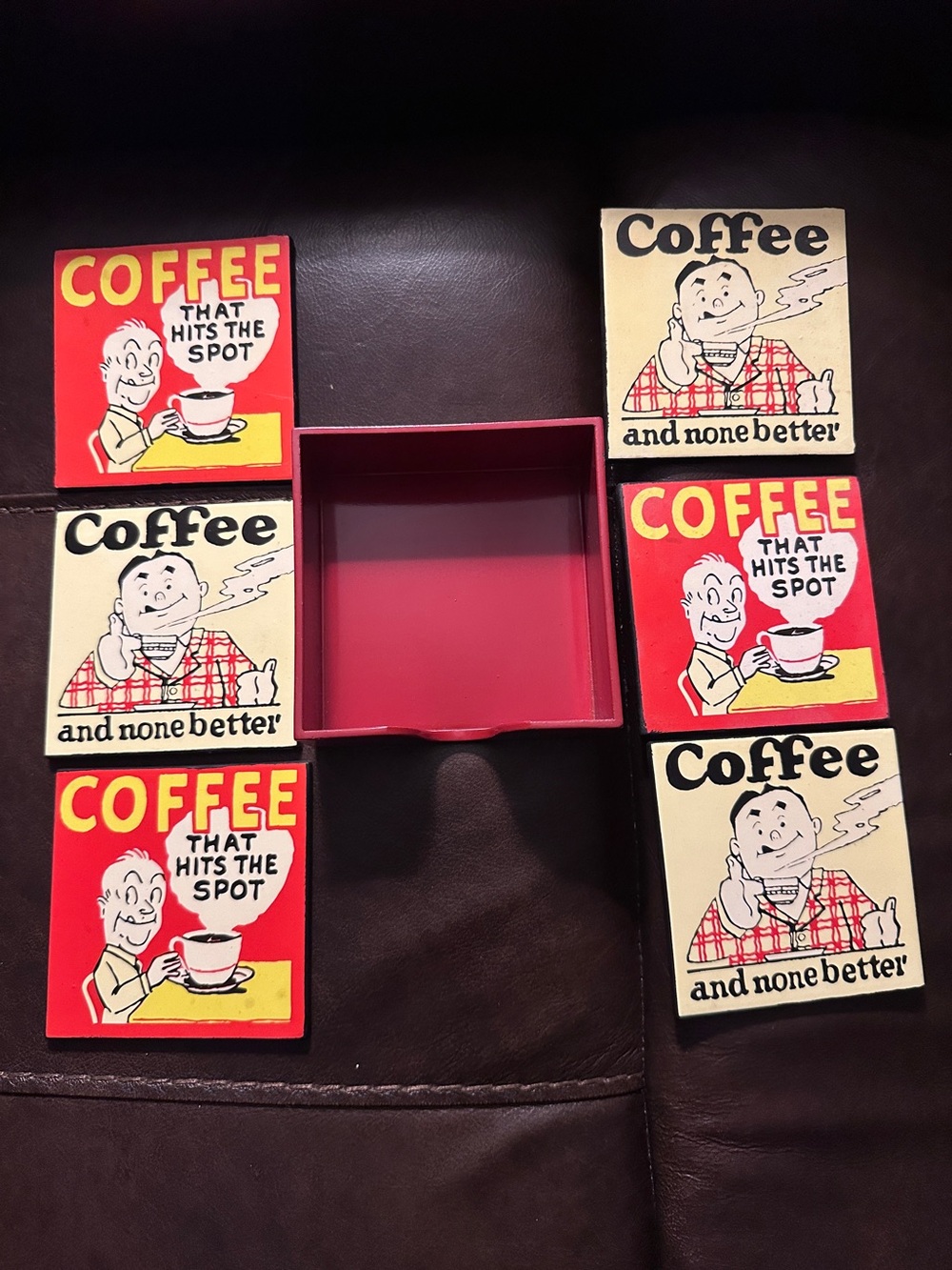 Vintage Retro Coffee Coasters Set of 6 with Red Box Holder